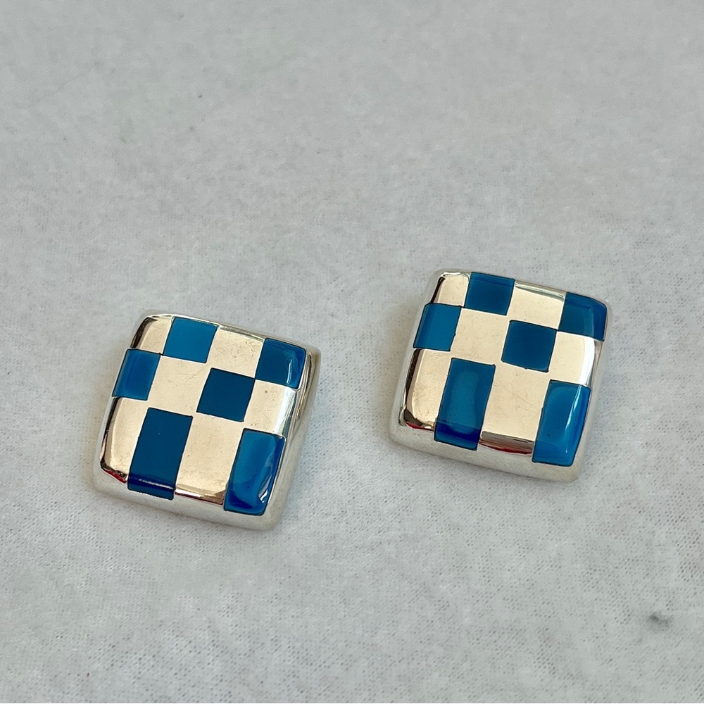 Checkerboard 925 Silver Clip On Earrings Made in Mexico